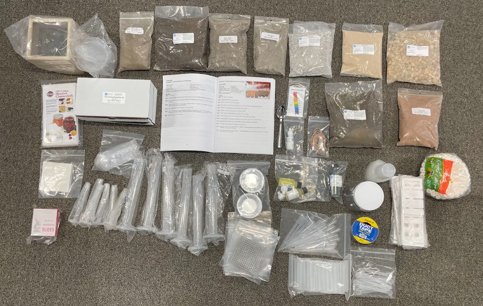 Soil Analysis Kit bags of soil and equipment for soil analysis